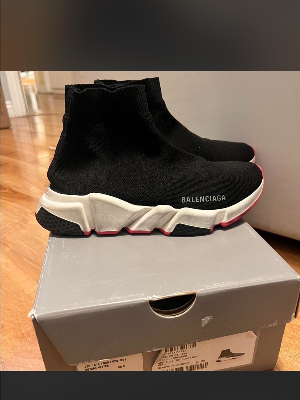 Balenciaga Black Sock-Style Kids Sneakers with White & Pink Sole